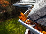 Dachrinne mit Laub, Dach überprüfen, Rasen im Herbst