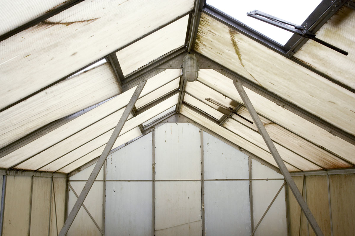 Gewächshaus – Schmutzt und Schlieren auf dem Dach